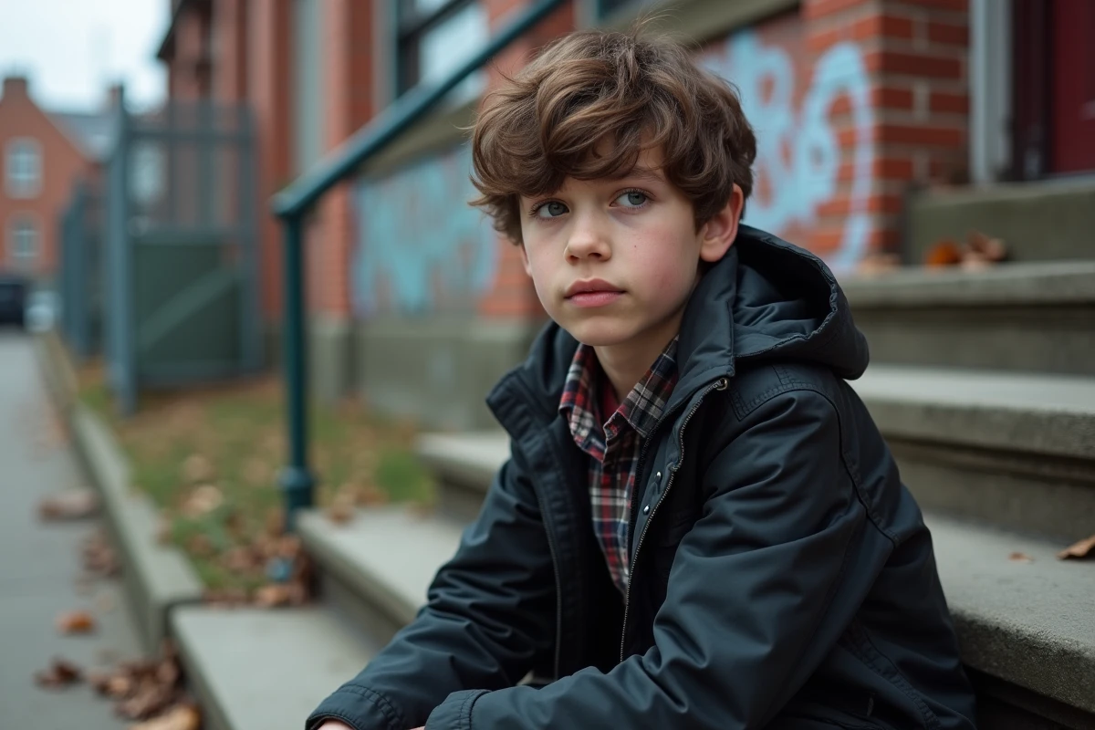 Adolescent assis sur des escaliers en milieu urbain