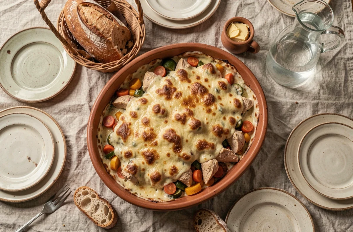 Gratin familial doré dans un plat en terre cuite servi sur une table rustique avec pain et vaisselle vintage