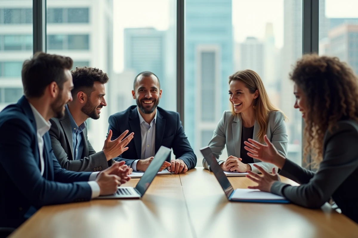 Groupe de cinq personnes en réunion dans un espace de coworking lumineux