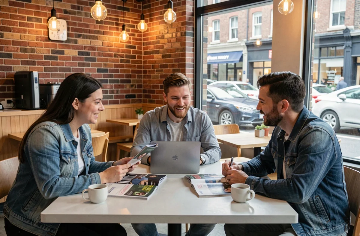 Groupe d'adultes discutant de tendances culturelles autour d'un café avec magazines et ordinateur portable dans un café moderne