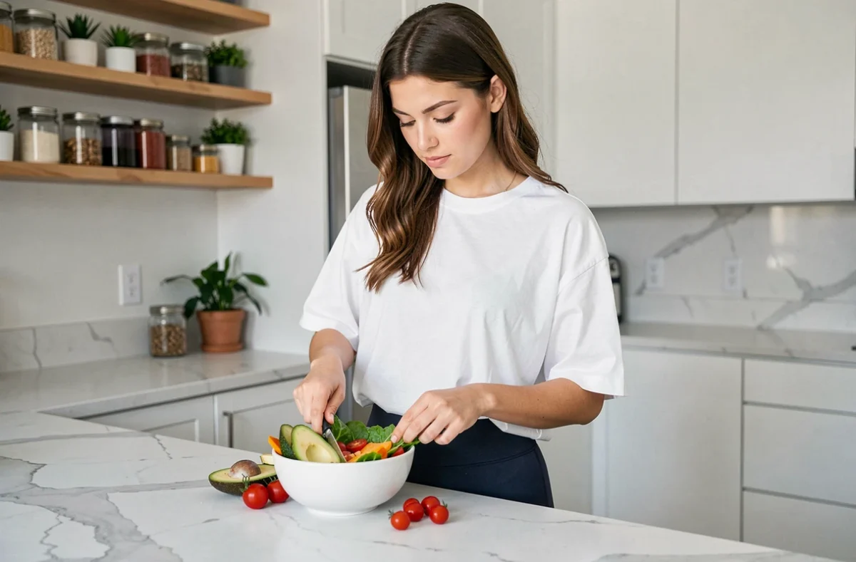 Jeune femme préparant un repas sain dans une cuisine moderne, adoptant de bonnes habitudes alimentaires pour améliorer son quotidien