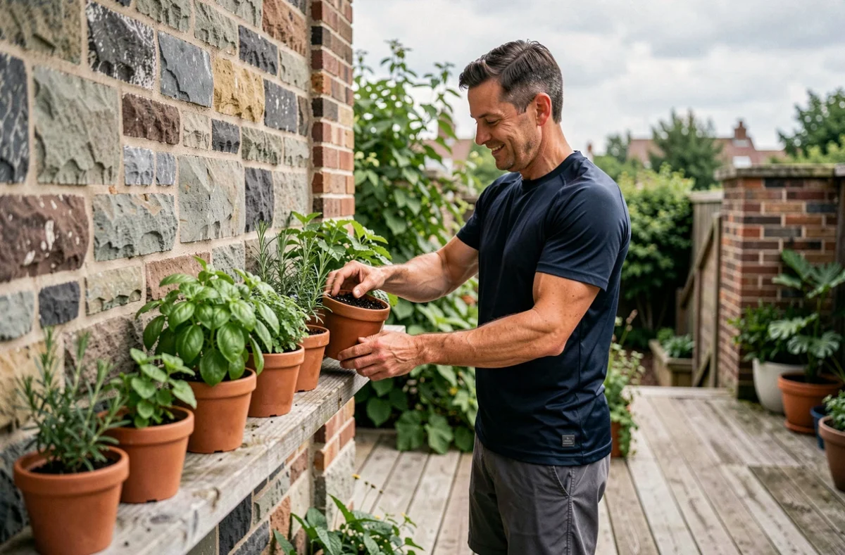 Homme soignant ses plantes aromatiques sur une terrasse extérieure, illustrant une habitude simple et positive au quotidien