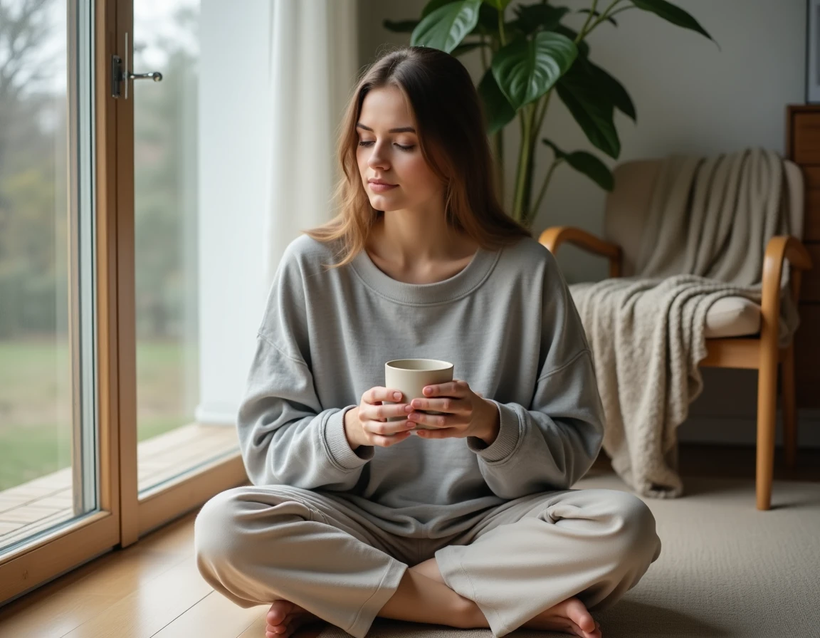 Femme lisant un journal dans un salon minimaliste, adoptant une routine matinale apaisante pour améliorer son quotidien