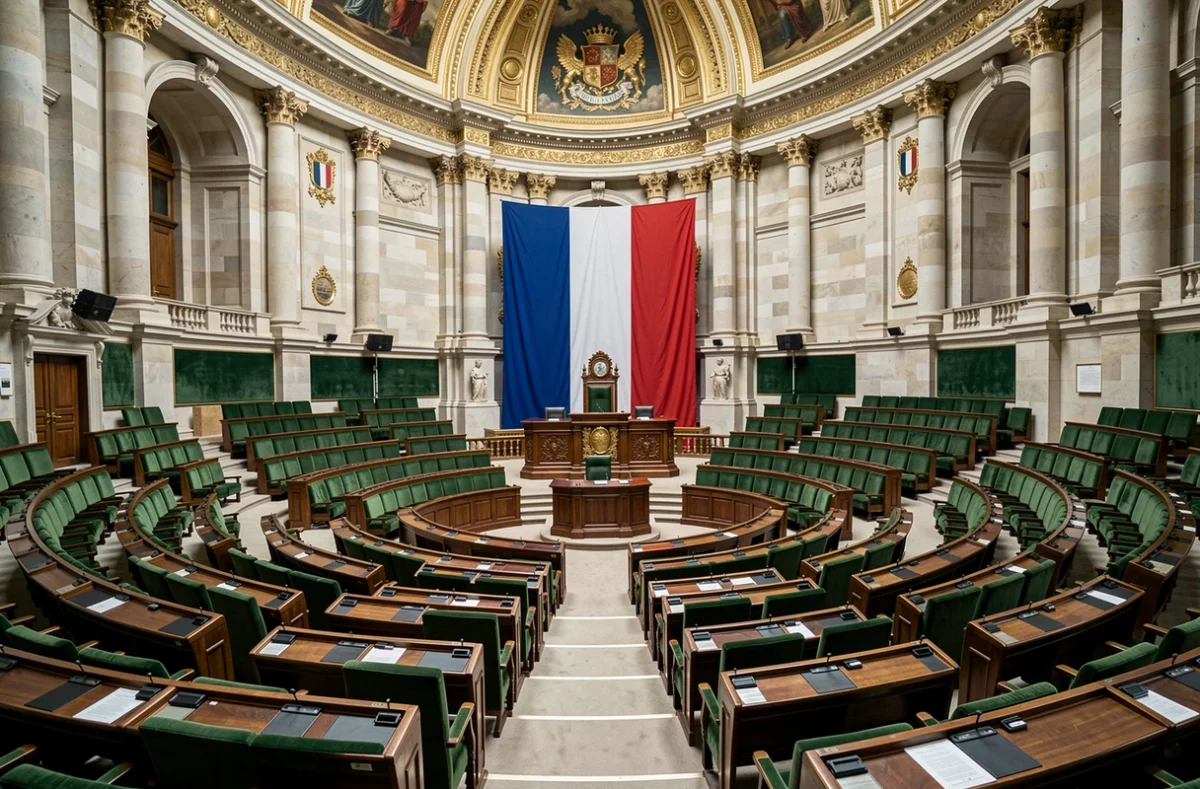 Hémicycle de l'Assemblée nationale française vide, symbole des institutions républicaines et du cadre constitutionnel de l'article 16