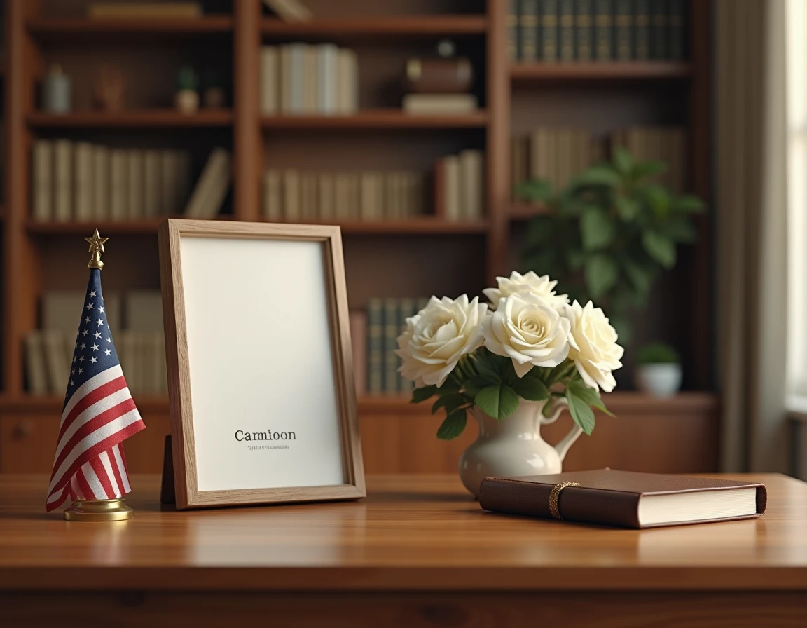 Hommage commémoratif avec plaque nominative, drapeau plié et fleurs blanches posés sur une table en bois, en mémoire d'un proche