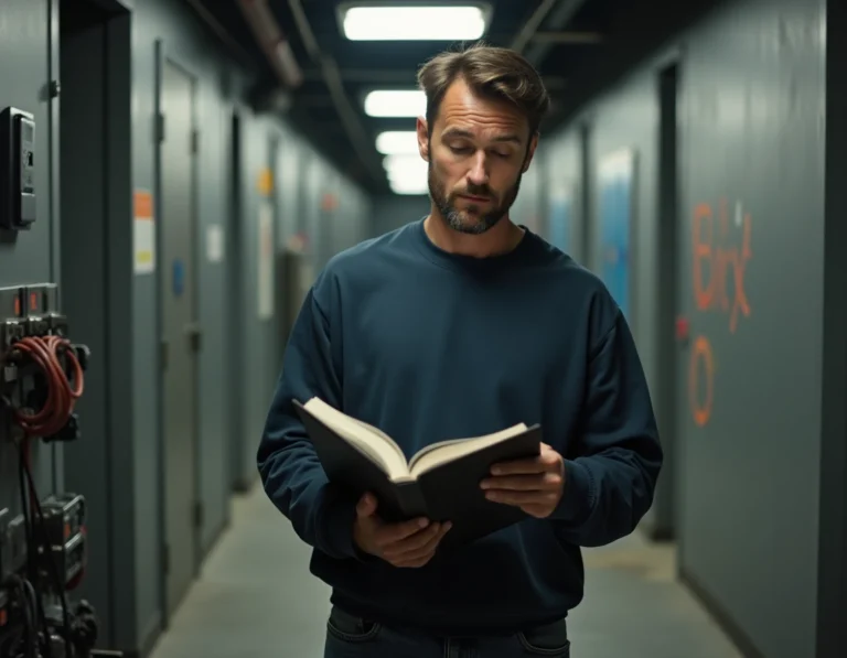 Membre de l'équipe de production d'une série télévisée tenant un script dans un couloir de studio, atmosphère hommage et nostalgie