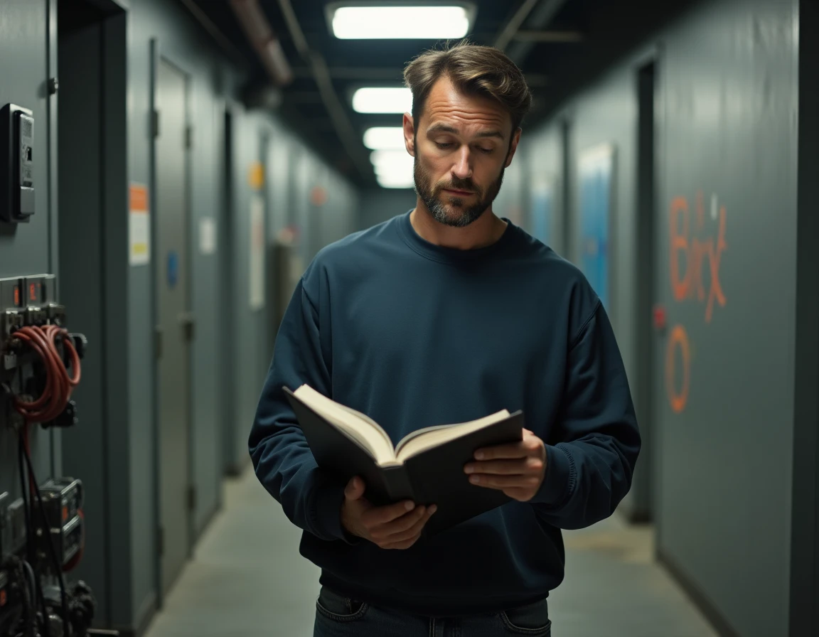 Membre de l'équipe de production d'une série télévisée tenant un script dans un couloir de studio, atmosphère hommage et nostalgie