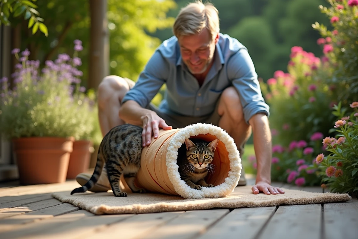 Homme avec un chat dans un tunnel en bois dans le jardin