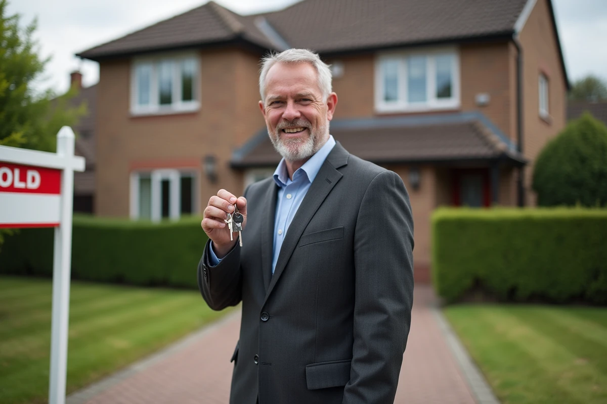 Homme tenant des clés devant une maison avec panneau vendu