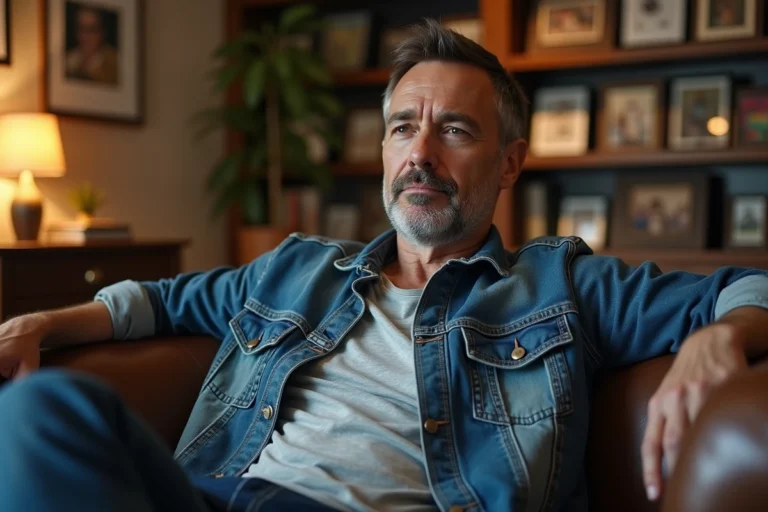 Homme en denim dans un salon chaleureux avec photos de famille