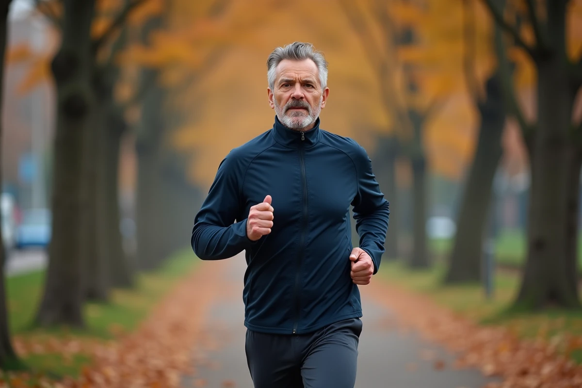 Homme d'âge mûr faisant son jogging dans un parc urbain en automne pour prendre soin de sa santé