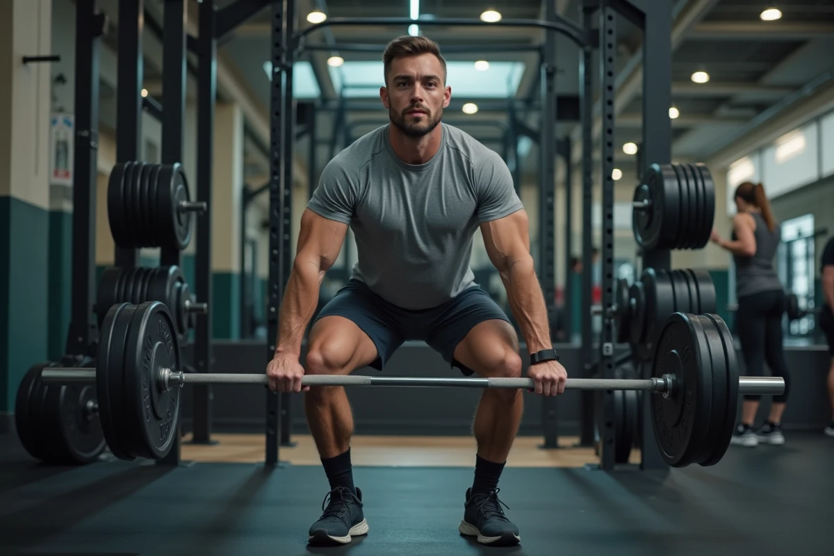 Homme réalisant un squat avec barre dans la salle de musculation d'un club Basic-Fit sans engagement