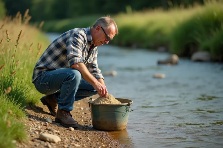 Homme d'âge moyen remplissant un seau de sable de rivière