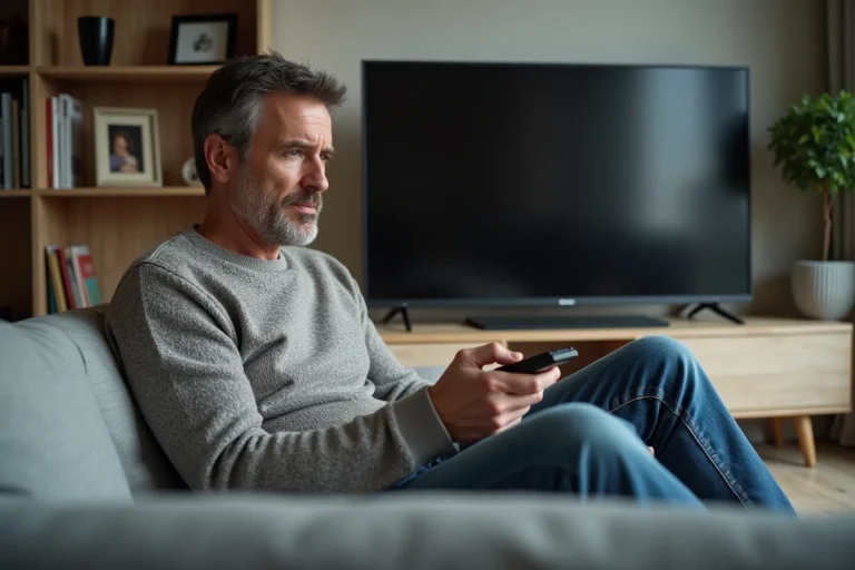 Homme d'âge moyen dans un salon cosy regardant la télé