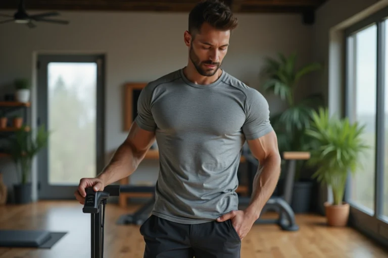 Homme en tenue de sport vérifiant son poids dans une salle moderne