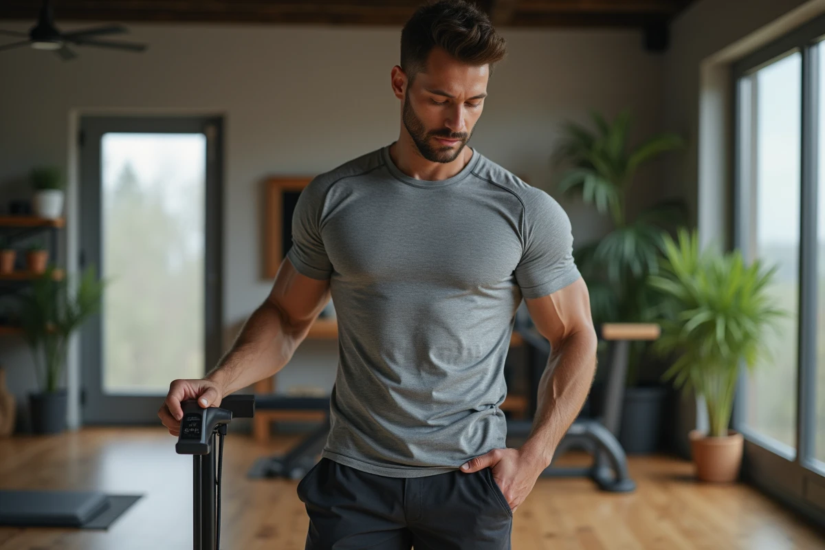 Homme en tenue de sport vérifiant son poids dans une salle moderne