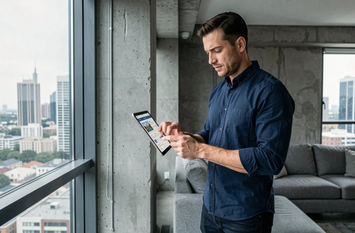 Homme consultant des annonces immobilières sur une tablette dans un appartement moderne avec vue urbaine