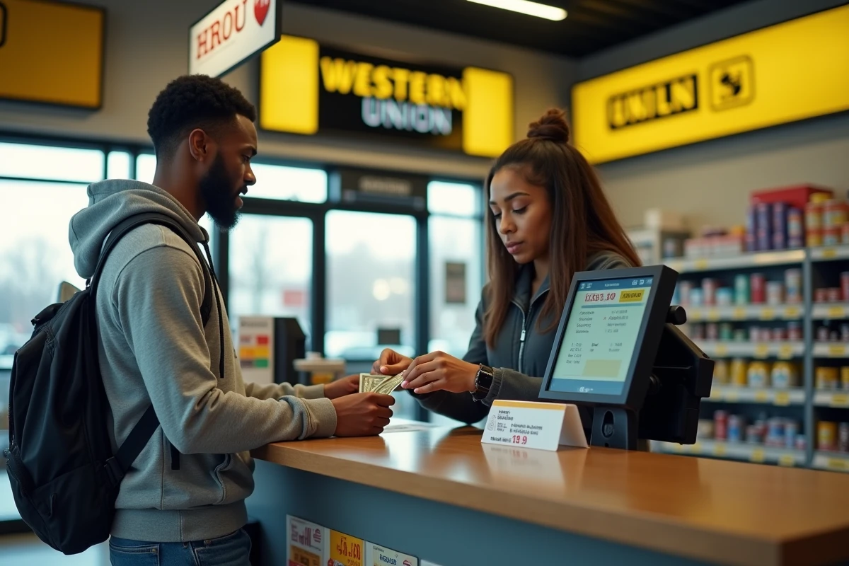 Homme effectuant un transfert d'argent Western Union au comptoir d'un bureau de change
