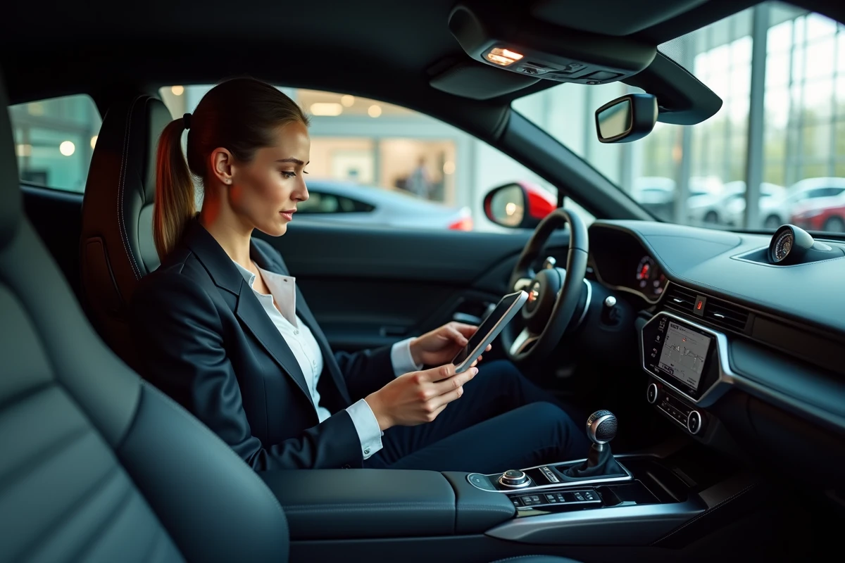 Femme dans l interieur d une voiture de luxe avec tablette