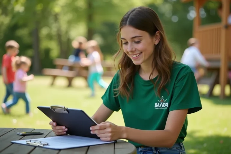 Jeune femme en t-shirt vert BAFA à l'extérieur dans un parc