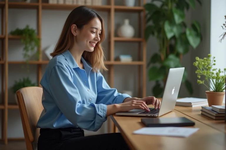 Jeune femme en blouse bleue travaillant sur un ordinateur dans un bureau moderne