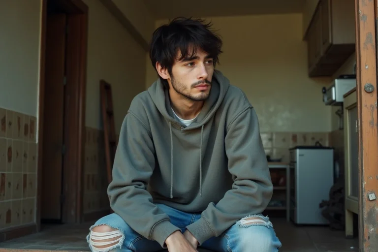 Jeune homme dans un appartement urbain modeste