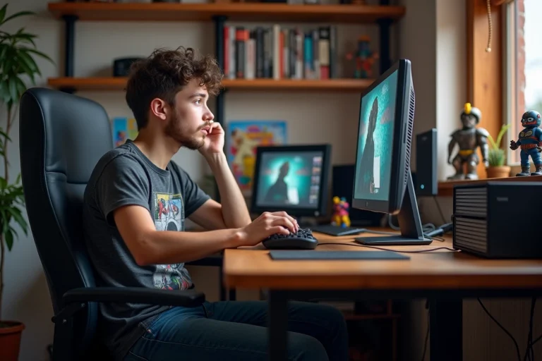 Jeune homme concentré jouant à un jeu vidéo sur ordinateur