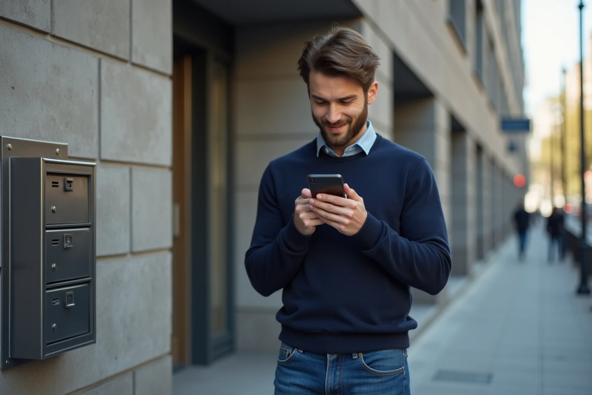 Jeune homme consulte un email devant un immeuble urbain