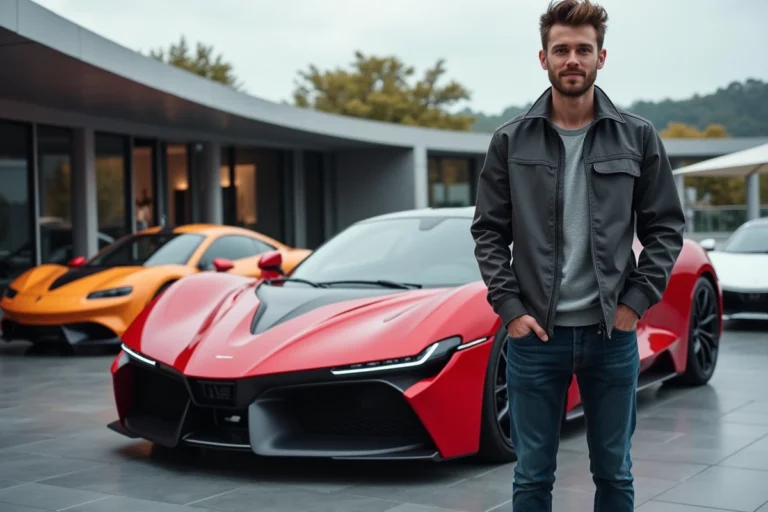 Jeune journaliste automobile avec voiture de sport rouge