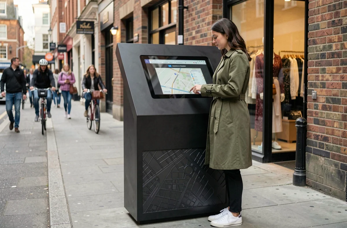 Femme consultant un kiosque numérique interactif de navigation urbaine dans une rue piétonne animée
