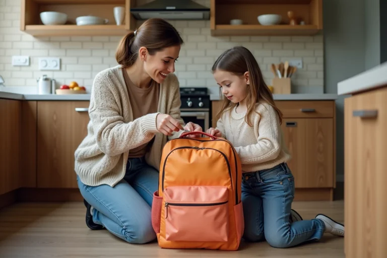 Maman et fille organisent un sac d'école dans la cuisine