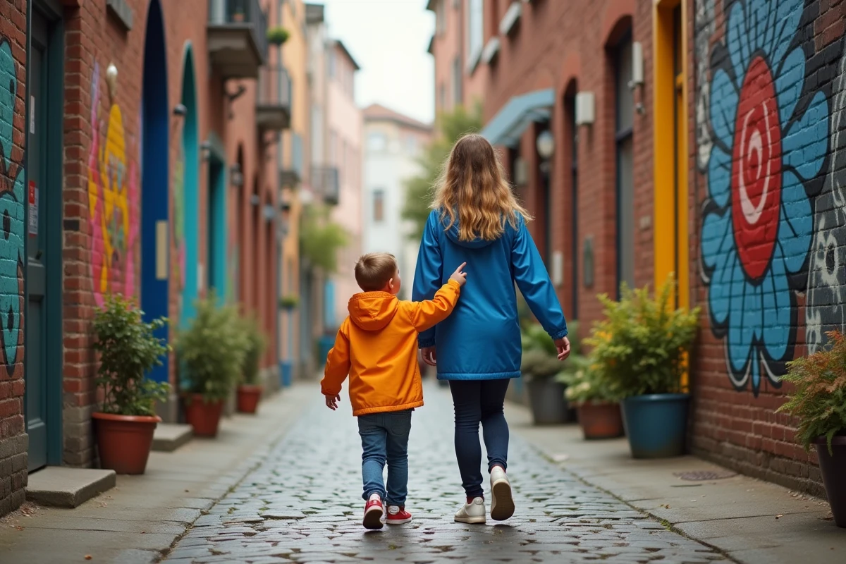 Mère et enfant découvrant le street art en ville