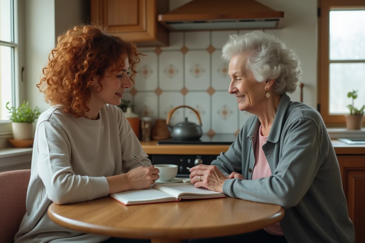 Femme partageant un moment de complicité bienveillante avec sa mère âgée autour d'une table de cuisine