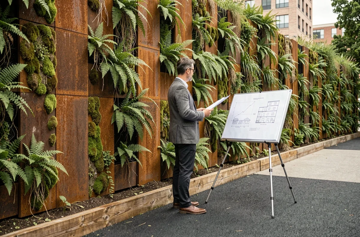 Architecte examinant des plans devant un mur végétal en acier Corten dans un parc urbain rénové