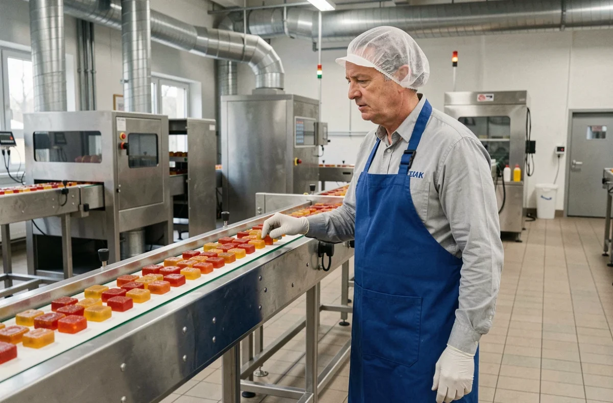 Ouvrier en usine Haribo supervisant la production de bonbons gélatineux sur une chaîne de fabrication industrielle