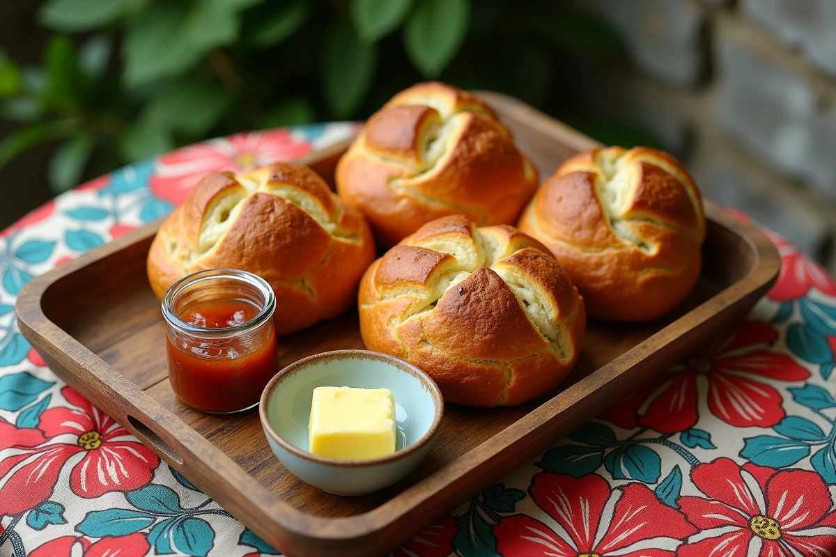 Pain au beurre antillais dorés sur plateau en bois avec confiture de goyave sur une table en wax coloré