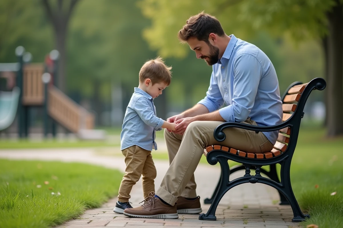 Pere et fils attachent leurs chaussures dans un parc