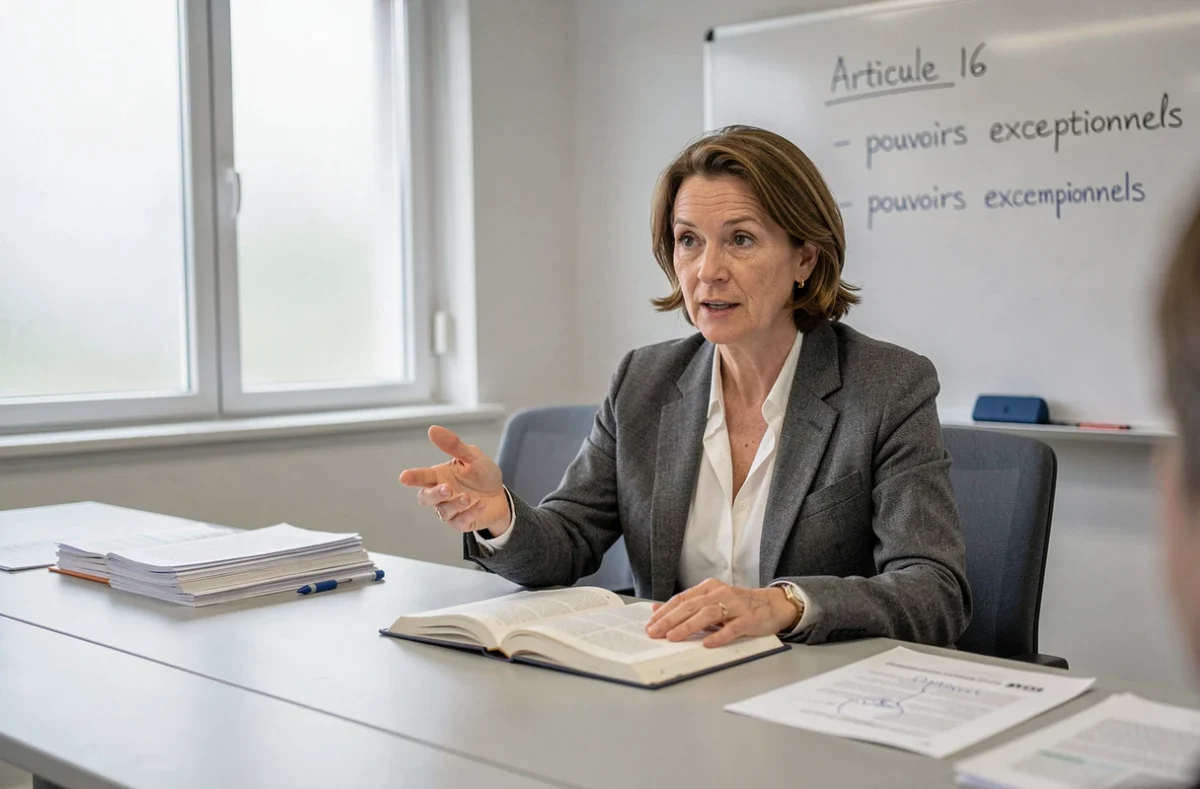 Professeure de droit constitutionnel expliquant l'article 16 de la Constitution française lors d'un séminaire universitaire