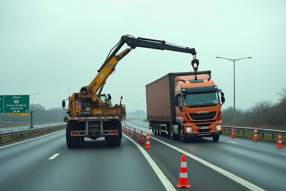 Operazione di sollevamento di un camion ribaltato su un'autostrada francese con gru pesante