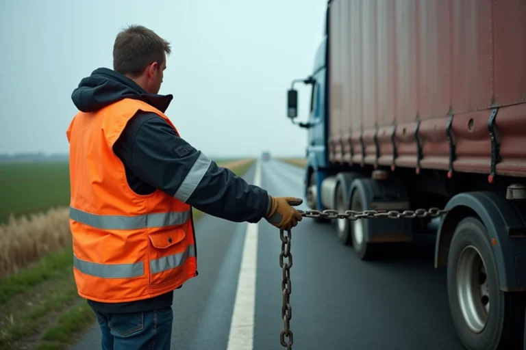 Technicien de remorquage sécurisant un poids lourd en panne sur une route nationale française