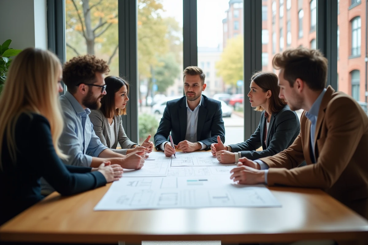 Groupe de jeunes professionnels en réunion immobiliere