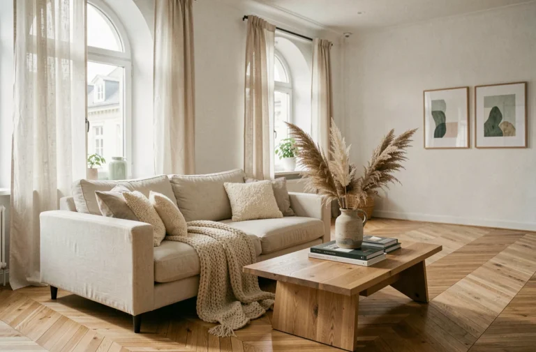 Salon scandinave moderne avec canapé en lin crème, coussins boucle et table basse en chêne naturel, tendances déco intérieur élégant