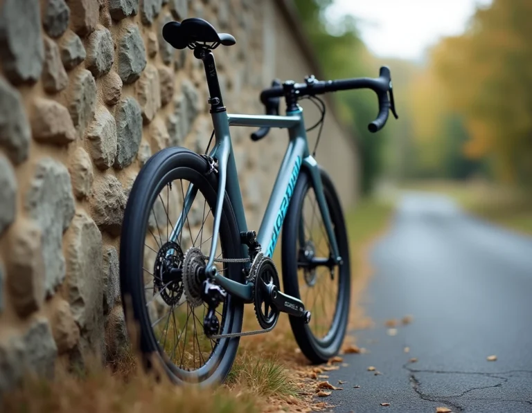 Scott Speedster 60 appuyé contre un mur en pierre sur une route de campagne, vue 3/4 mettant en valeur le cadre aluminium et les composants du vélo de route