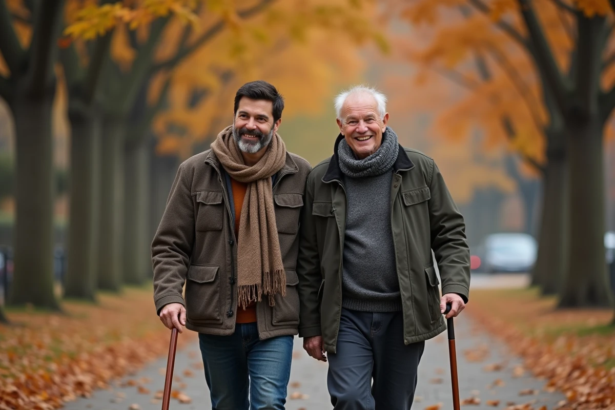 Fils accompagnant son père âgé lors d'une promenade bienveillante en plein air à l'automne