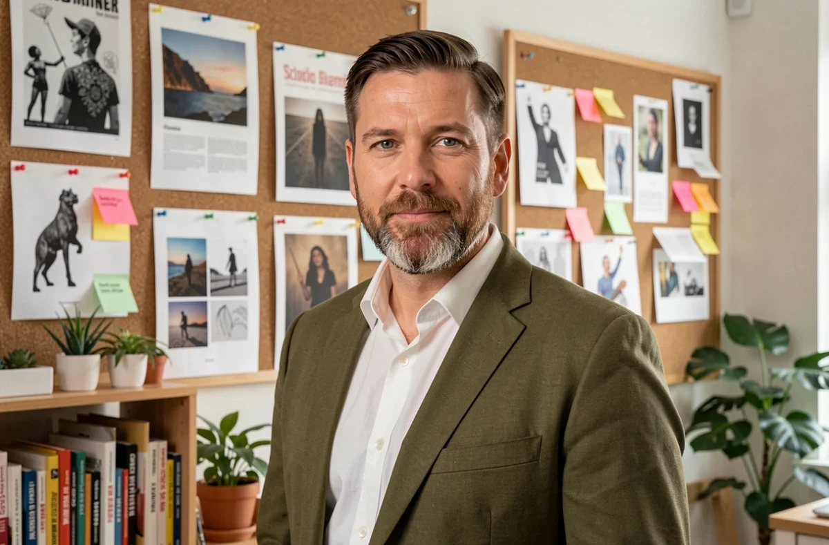 Homme créatif en veste olive devant un mur d'inspiration avec affiches et tableaux de tendances dans un studio moderne