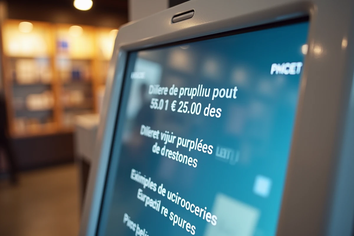 Écran tactile d'une borne photo Leclerc affichant les tarifs et options d'impression disponibles