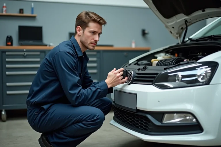 Technicien automobile connectant un scanner OBD2 sur une Volkswagen Polo 5 dans un garage professionnel