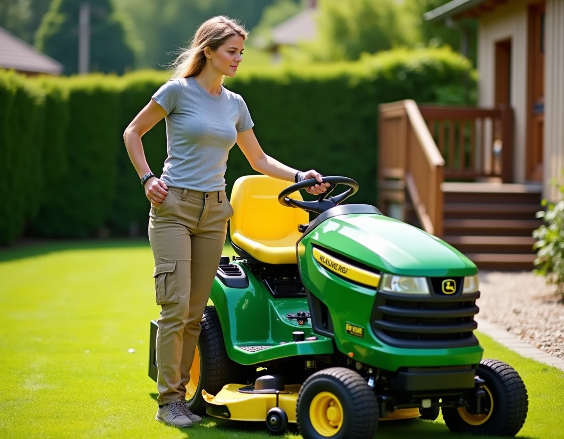 Femme évaluant un tracteur tondeuse dans un jardin résidentiel soigné avec pelouse fraîchement tondue