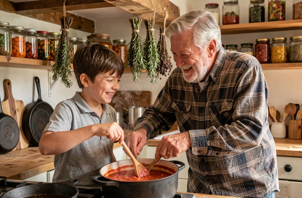 Grand-père et petit-fils cuisinant ensemble une sauce tomate maison dans une cuisine de campagne authentique